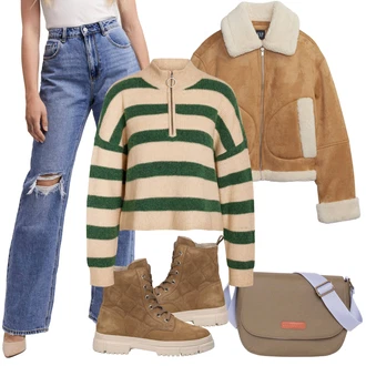 Outfit s Béžová/Khaki/Hnědá Šněrovací Kotníková Bota/Zimní kotníková bota/Vycpaná kozačka/Ovčí Kožešinová Bota/Klasická kozačka/Zimní kozačka z jehněčí kůže/Plochá Kotníková Bota/Teniska Zimní Tenisky/Trekingová Bota/Bojová Bota Caprice "Zimní outfity"