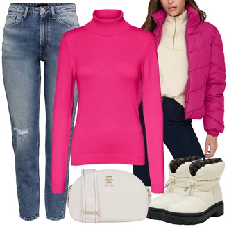 Outfit s Bílá/Béžová/Khaki Kozačka Boty do Sněhu/Zimní bota/Zimní Kozačka z jehněčí kůže/Vycpaná Kozačka/Zimní tenisky/Zimní kotníková bota Guess "Zimní outfity"