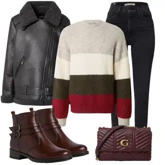 Motorka Zima Outfit s Černá/Šedá/Tmavě šedá Kožená vintage Bunda/Pilotní Bunda/Bunda z Umělé Kůže/Kožená Bomber Bund/Motorkářské Bund/Bunda z Jehněčí Kůže/Kožené Bund Only "Zimní outfity"Look: Motorka, Jízda na koni