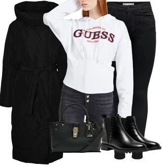 Nadrozměrné Outfit s Černá Kožená bunda/Chelsea Boty/Plochá Kotníková Bota/Kožená kotníková bota Only "Zimní outfity"Look: Gotický, S Mokrým Vzhledem, Šik, Lak, Premium, Glamourové, Nadrozměrné, Metal, Trendový, Elegantní