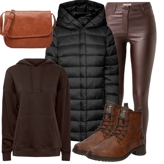 Outfit s Hnědá/Tmavě hnědá/Tmavě červená/Vínová Kožená bunda/High Waist Džínové Kalhoty/Motorkářské Džíny/Termální Džíny/Džíny s Rozparkem Soyaconcept "Zimní outfity"