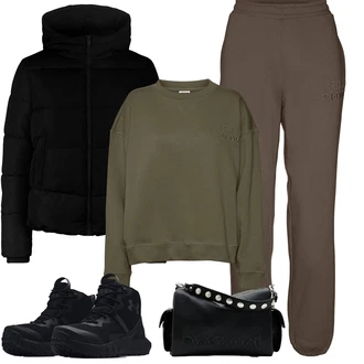 Outfity na zimu s Tmavě zelená/Khaki Jogger Kalhoty/Cargo Tepláky/Kožená Pánská Bund Noisy may "Zimní outfity"