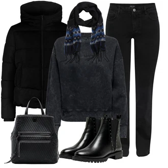 Nadrozměrné Outfit s Černá Kožená bunda/Chelsea Boty/Plochá Kotníková Bota/Kožená kotníková bota Only "Zimní outfity"Look: Gotický, S Mokrým Vzhledem, Šik, Lak, Premium, Glamourové, Nadrozměrné, Metal, Trendový, Elegantní