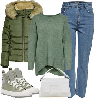 Chuck Taylor All Star Outfit s Tmavě zelená/Zelená Plátěná teniska/Kožené tenisky/Úzká teniska/Teniska s dírkovaným vzorem/Teniska teddy/Zimní tenisky Converse "Zimní outfity"