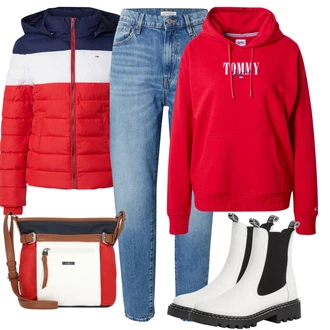 Outfity s botami s Krémová/Bílá Chelsea Boty/Kožená bunda/Gumová Kotníková Bota Tamaris "Zimní outfity"