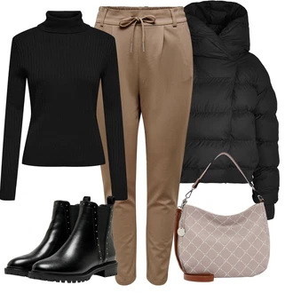 Nadrozměrné Outfit s Černá Kožená bunda/Chelsea Boty/Plochá Kotníková Bota/Kožená kotníková bota Only "Zimní outfity"Look: Gotický, S Mokrým Vzhledem, Šik, Lak, Premium, Glamourové, Nadrozměrné, Metal, Trendový, Elegantní