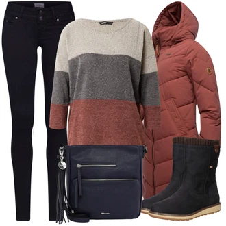 Outfit s Černá/Tmavě hnědá/Béžová Klasická Kozačka/Zimní kotníková bota/Nepromokavá Kozačka/Plochá Kotníková Bota/Kotníková Bota s Podšívkou/Vycpaná Kozačka/Zimní bota/Zimní Kozačka z jehněčí kůže Tom Tailor "Zimní outfity"