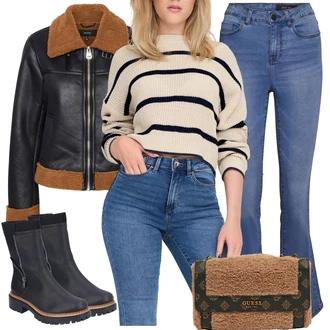 Umělá kožešina Outfit s Hnědá/Růžová/Krémová/Béžová/Světle modrá Teddy taška/Malá Taška/Dopisová peněženka/Pánská taška Guess "Zimní večerní outfity"