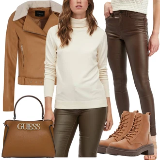 Elastan Outfit s Šedá/Tmavě zelená/Hnědá/Khaki/Tmavě hnědá Skinny Kalhoty/Jeggings/Kalhoty z Umělé Kůže/Legíny Kožený Vzhled/Tregíny/Kožený Legíny/Kožená Kalhoty orsay "Zimní večerní outfity"