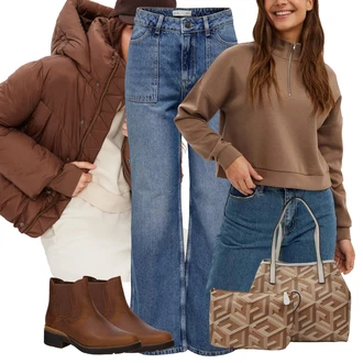 Outfit s Hnědá Kožená bunda/Chelsea Boty/Gumová Kotníková Bota/Kožená kotníková bota Timberland "Zimní večerní outfity"