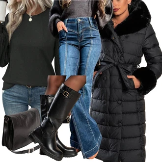 Dolga outfit mit Rjava Kavbojke Sproščenega & Ohlapnega Kroja/Kavbojke Visokega Pasu/Kavbojke z Razporkom/Kavbojka z Nizkim Pasom "Zimski outfit"