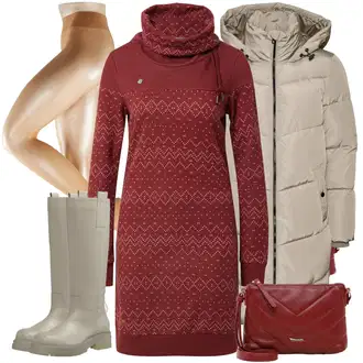 Nordijski uzorak Outfit sa Crvena/Tamnocrvena/Vinski Crveno Haljina Veći Broj Ragwear "Zimski outfit"