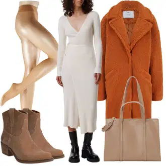 Outfit s Oranžová Kabát Bouclé/Kožich Kabát/Teddy Kabát "Trendový zimní vzhled"