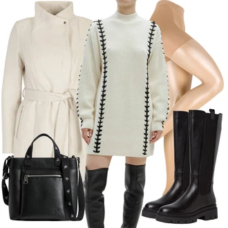 Outfit s Béžová/Hnědá/Bílá/Khaki Lodenový kabát/Pletený Fleecový Kabát/Pletený Kabát/Zimní Kabát Vlněný kabát/Kašmírový Kabát/Vlněný Fleecový Kabát/Lehký Kabát VERO MODA "Zimní outfit pro volný čas"