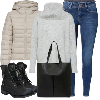 Outfit s Modrá/Světle modrá/Tmavě modrá Kotníková Bota/High Waist Džínové Kalhoty/Džíny s Nízkým Sedem/Džín s Nízkým Pasem/Push up Džín/Kožená bunda/Navlékací džíny/Kožené Boty/Zimní bunda Tom Tailor Denim "Outfity na zimu"