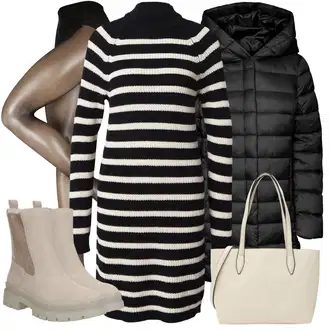 Prugasto Outfit sa Crna/Tamnoplava/Bijela Pletena Haljina/Zimska Pletena Haljina/Džemper Haljina/Pletenina VERO MODA "Zimski outfit"