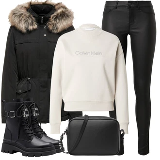 Outfits for chubby mit Črna/Bela Usnjena Hlača/Pajkice Leginge v Videzu Usnja/Usnjena pajkica/Treggings/Skinny Hlače/Hlače iz Imitacije Usnja Pieces "Zimski outfit"