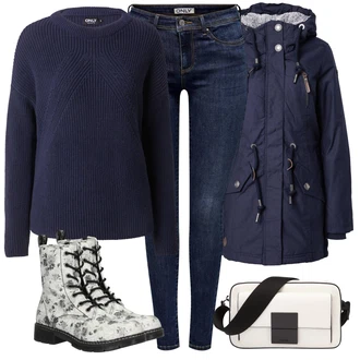 Outfit sa Siva/Crvena/Srebro/Bijela Čizmica Gležnjača na Vezanje/Borbena Čizma/Čizma s Platformom na Vezanje/Ravna Gležnjača Dockers by Gerli "Zimski outfit"