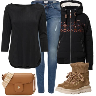 Outfit sa Crna Dugi top/Duga košulja/Majica S Visokim Okovratnikom/Pletenina/Majica s 3/4 rukavima/pletena košulja/Pleteni top Only "Zimski outfit"