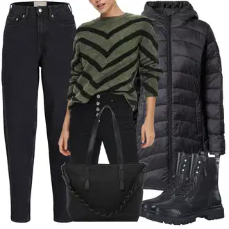 Outfity na zimu Pruhovaný s Tmavě zelená/Zelená Pruhovaný Svetr Only "Zimní outfit pro volný čas"