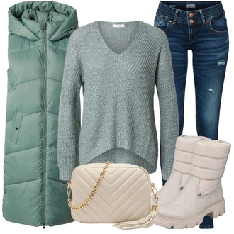 Outfity z džínu Pyžamové s Zelená/Tmavě zelená/Tyrkysový Dlouhá Vest/Puffer Vest VERO MODA "Zimní outfit pro volný čas"