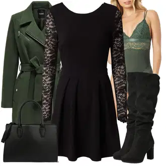Kombinacije za zimu Gotički sa Crna/Bijela Haljina Veći Broj About You "Zimski outfit"Look: Babydoll, za srednje godine, Gotički, Prekrasan, Sveučilišna, Preodjeven, Romantičan, Francuske, Disko, Jazz