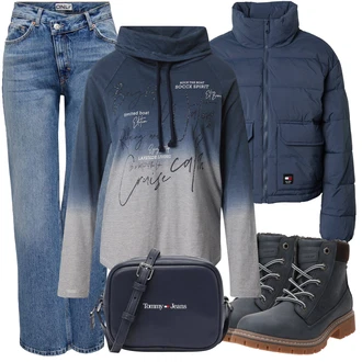 Outfit s Modrá/Světle Modrá Džín s Širokou Nohavicí/Formální Košile/Rovná Džína/Vintage džíny/Džíny s Rozparkem/Dad Džíny/Boyfriend Džínové kalhoty/Pánské tričko/Zvonové Džíny/Džíny Volného Střihu/Girlfriend Džíny/Zimní bunda/Zkrácené Džíny/Džíny Culottes Only "Trendový zimní vzhled"