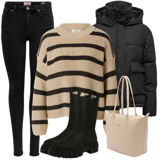 Kombinacije za zimu Gotički sa Crna Chelsea Gležnjača/Motociklistička čizma About You "Zimski outfit"Look: Techno, Vanjski, Gotički, Punk