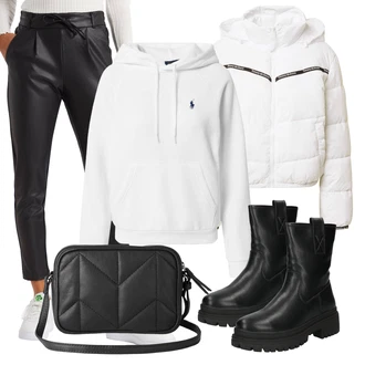 Sjaj Outfit sa Crna/Bijela/Smeđa/Zeleno/Narandžasta Hlače od Umjetne Kože/Jeggings/Kožne Tajice/Tajice Kožnog Izgleda/Kožna Hlača/Skinny Hlače/Treggings Only "Zimski outfit"Look: Sjaj, Chic, Besprijekorno, Jazz, Ured, Vanjski, moderne, Mokri izgled, Pametno ležerno, Francuske