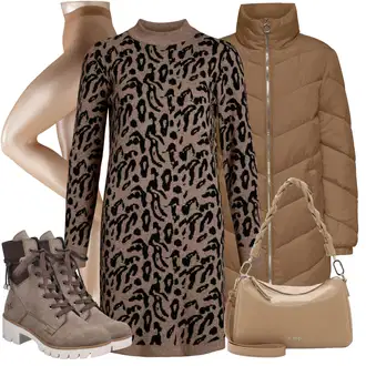 outfit mit Roza/Krem/Bež/Črna/Siva/Rjava Kardigan s stoječim ovratnikom/Kardigan iz kašmirja/Dolge jopice/Zimski kardigan/Podložen pleteni jopič/Kardigan z okroglim izrezom/Pončo & Kimono Domača obleka Object "Zimski outfit"