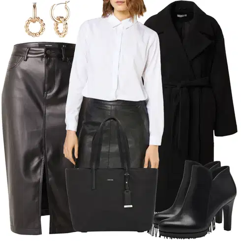 Kombinace Nový Rok Bílá/Hnědá/Černá/Tmavě zelená Sukně z umělé kůže/Kožená Sukně/Tužková sukně VERO MODALook: Bar, 30. narozeniny, 40. narozeniny, Koncert, Firemní večírek, Den matek, Nový Rok, Škola, Zvláštní příležitosti, Divadlo, Matriční úřad, Narozeniny