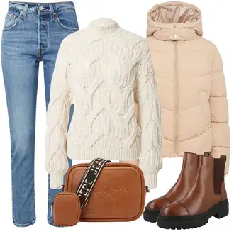 Outfity na zimu Styl 50. Let s Světle modrá/Modrá Girlfriend Džíny/Zkrácené Džíny/Džíny s Rozparkem/Zužující se Džíny/Mom Jean/Dad Džíny/High Waist Džínové Kalhoty/Vintage džíny levi's ® "Zimní look"Look: 50. Let, Styl, 90tá léta, Vintage, Western