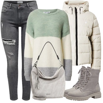 Z zadrgo spredaj outfit mit Siva/Bež/Rjava/Svetlo siva Škorenj Motoristični čevelj/Klasični škorenj/Bojni Škorenj/Škornj na Vezalke Tamaris "Zimski outfit"