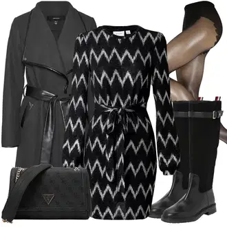 Outfit s Černá/Tmavě šedá/Šedá Přechodový Kabát/Umělá Kůže Kabát/Zimní Kabát Vlněný kabát/Lodenový kabát/Vlněný Kabát/Midi Kabát/Kašmírový Kabát/Trenčkot/Scuba Kabát/Trenčkot/Frock Kabát VERO MODA "Zimní outfit pro volný čas"