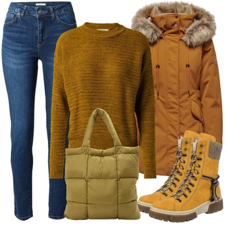 Outfit s Hnědá/Žlutá/Tmavě zelená/Zelená Basic Svetr/Svetr Carmen/Crop Svetr/Kašmírový Svetr/Pletený Svetr/Mohair Pullover/Jednoduchý Svetr/Rolák/Sametový Svetr/Vlněný Svetr/Svetr s límečkem About You "Zimní outfit pro volný čas"