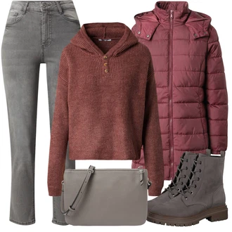 Outfit s Béžová/Hnědá/Šedá Kozačka Šněrovací Kotníková Bota/Bojová Bota/Kotníková Bota s Podšívkou/Klasická Kozačka S.Oliver "Zimní outfit pro volný čas"