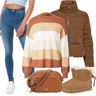 Manšestr Outfit s Béžová/Tmavě hnědá/Hnědá/Khaki Prošívaná Bunda/Krátký Bund/Krabice bunda/Letní peřová bunda/Krátký Bund/Podzimní bunda/Udržitelná bunda/Zimní Bund/Nafukovací Bund/Puchová Bund Only "Outfity na zimu"