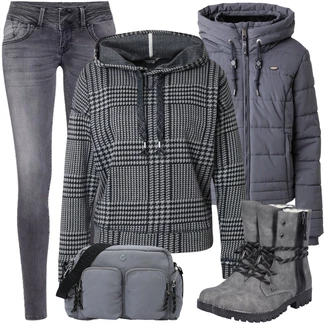 Outfit sa Siva/Tamnosiva Gležnjača na Vezanje/Zimska Čizma/Podstavljena Gležnjača/Klasična čizmica/Čizma s patentnim zatvaračem/motociklistička čizma/Motociklistička čizma/Ravna Gležnjača/Zimska gležnjača/Borbena Čizma Rieker "Zimski outfit"