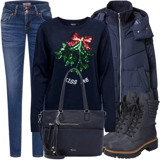 Outfit s Červená/Tmavě modrá/Růžová Vánoční svetr Only "Zimní outfit pro volný čas"