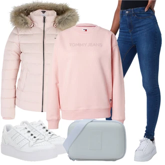Outfity na zimu s R??ová Fleecová Mikina/Ko?ená bunda/Sportovní mikina Tommy Jeans "Trendový zimní vzhled"