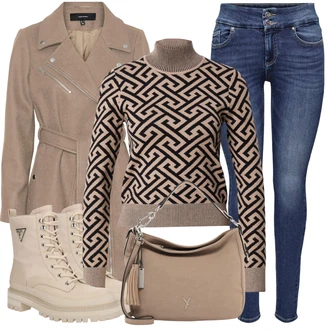 Šik Outfit s Fialová/Béžová/Hnědá/Šedá Přechodový Kabát/Letní Kabát/Lehký Kabát/Kabát se Zipem/Vlněný Kabát/Kašmírový Kabát/Midi Kabát/Zimní Kabát Vlněný kabát/Trenčkot/Trenčkot VERO MODA "Zimní outfit pro volný čas"Look: Klasické, Šik, Old Money