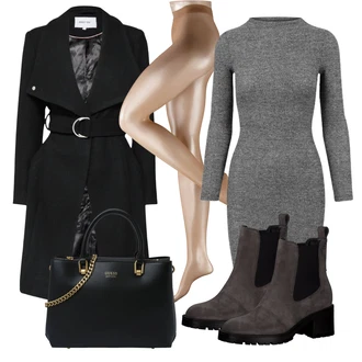 Outfit sa Smeđa/Tamnoplava/Siva/TamnoSiva/Bež Čizmica Kožna Jakna/Chelsea Gležnjača Tamaris "Zimski outfit"