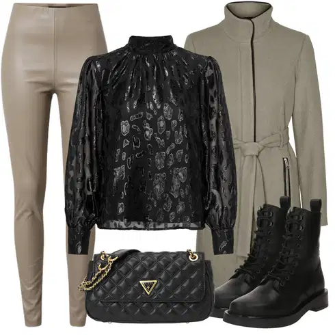 Kombinace Šedá/Hnědá/Béžová/Khaki Kožený legíny/Kožená Kalhoty/Legíny Kožený Vzhled/Kalhoty z Umělé Kůže/Legíny s Rozparkem/Vinylový Legín SOAKED IN LUXURY