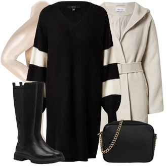Prugasto Outfit sa Crna/Bijela Pletenina/Džemper Haljina/Zimska Pletena Haljina/Predimenzionirana Haljina/Duga pletena Haljina VERO MODA "Zimski outfit"