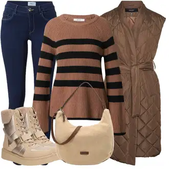 Dlouhé Outfit s Hnědá/Béžová/Khaki/Tmavě hnědá/Šedá Prošitý Prslušenství/Dlouhá Vest VERO MODA "Perfektní na zimu"