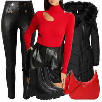 Sjaj Outfit sa Crna/Bijela Kožna Hlača/Tajice Kožnog Izgleda/Hlače od Umjetne Kože/Tajice od Vinila/Kožne Tajice/Lateks Tajice Only "Zimski outfit"Look: Sjaj, Jazz, Techno, Mokri izgled, Vanjski