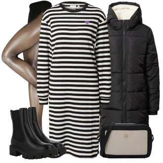 Jersey Outfit sa Krem/Tamnoplava/Bijela/Crna Haljina S Visokim Ovratnikom/Zimska Pletena Haljina/Duga pletena Haljina/Džemper Haljina/Zimska Haljina dugih rukava/Platnena Haljina Dugih Rukava Ichi "Zimski outfit"