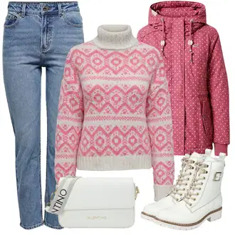 Nordijski uzorak Outfit sa Pink/Ljubičasta Norveški Džemper/Jacquard Džemper/Mohair Pullover/Norveški Pulover Only "Zimski outfit"