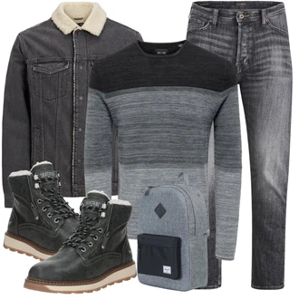 Outfit mit Schwarz/Grau/Dunkelblau/Dunkelgrau/Hellgrau Strickjacke Gefüttert/Stehkragen-Strickjacke/Vintage Strickjacke/Winter Strickjacke/Wolle Strickjacke/Cordjacke/Kurze Jeansjacke/Vintage Jacke/Holzfäller Jacke/Wolljacke Jack & Jones "Alltag Outfit"