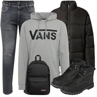 Outfit mit Grau/Dunkelgrau/Hellgrau Jeans mit Schlitz/Jeans mit Loch/Girlfriend Jeans/Damen 7/8-Länge Jeans/Knöchelstiefel/Lederjacken/Cropped Jeans/Biker Jeans/Slim Fit Jeans/Lederjacke Only & Sons "Alltag Outfit"